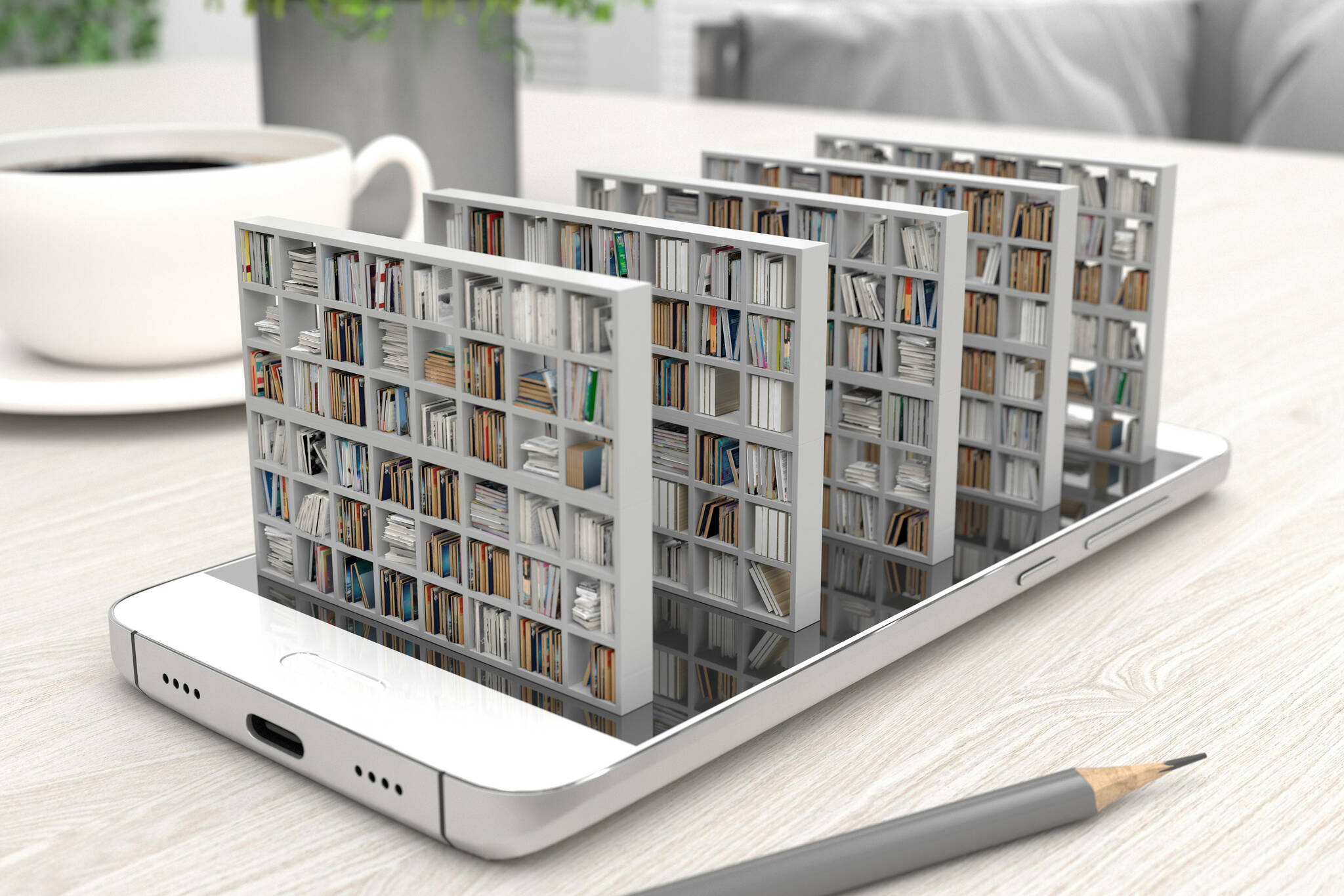 Smartphone liegt auf einem Tisch, aus dem Displa ragen fünf Bücherregale heraus